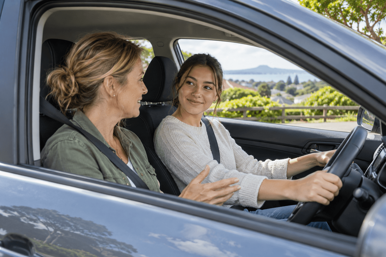 Learner driver and instructor talking in a parked car.