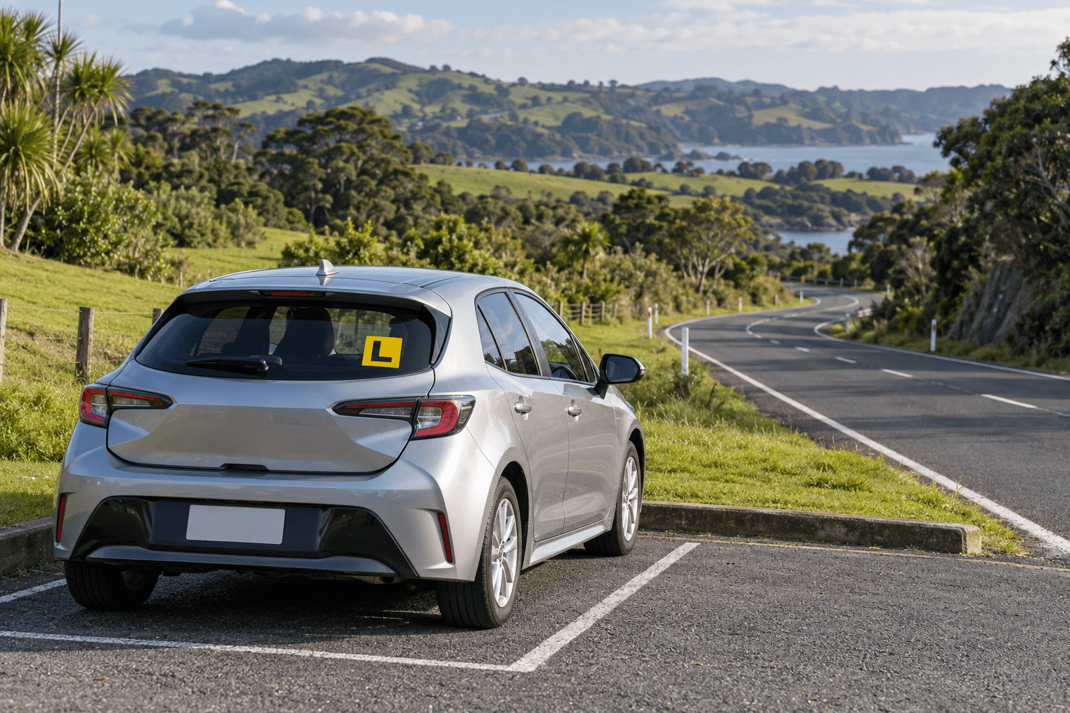 Learner car parked beside a quiet rural New Zealand road.